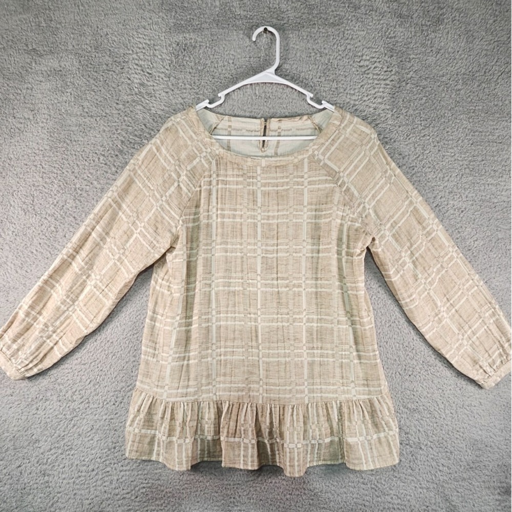 Soft Surroundings Top Womens Medium Linen Blouse Lagenlook‎ Tan Gauzy Peasant